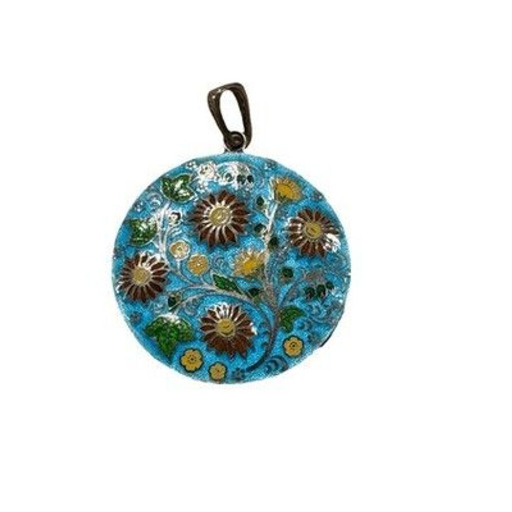 Vintage Enamel Cloisonné Floral Pendant Round Silver Tone Turquoise Springtime